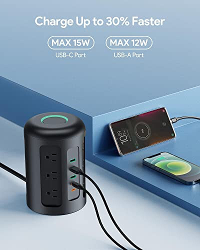 20W USB C Güç Şeridi Kulesi 12 AC Priz, 1500J Dalgalanma Koruyucu, iPhone 14/13 Serisi İçin Şarj İstasyonu, Yurt Odaları, Ev/Ofis Gereçleri İçin 5FT Uzatma Kablosu ile Çoklu Priz, Siyah - 4