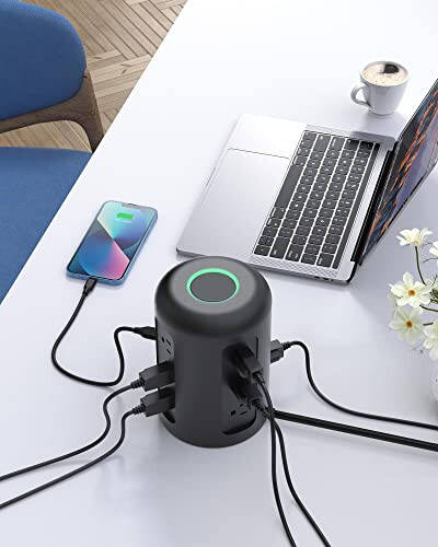 20W USB C Güç Şeridi Kulesi 12 AC Priz, 1500J Dalgalanma Koruyucu, iPhone 14/13 Serisi İçin Şarj İstasyonu, Yurt Odaları, Ev/Ofis Gereçleri İçin 5FT Uzatma Kablosu ile Çoklu Priz, Siyah - 6