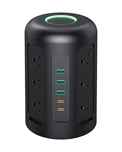 20W USB C Quvvat Tarmog'i Minorasi 12 ta AC Rozетка, 1500J To'lqin Himoyasi, iPhone 14/13 Seriyasi uchun Zaryadlash Stantsiyasi, Yotoqxona Uchun 5FT Uzatish Simi, Ko'p Rozетка, Uy/Ofis Asboblari, Qora - 1