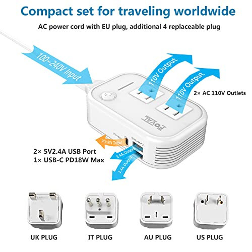 220V dan 110V ga sayohat adapteri: FOVAL [Yangi] Xalqaro past kuchlanish konvertori Soch to'g'rilagich / buklovchi uchun 18W USB-C porti chiqish kuchlanish konvertori AQShdan Evropa Italiya Buyuk Britaniya Avstraliya vilkasiga - 3