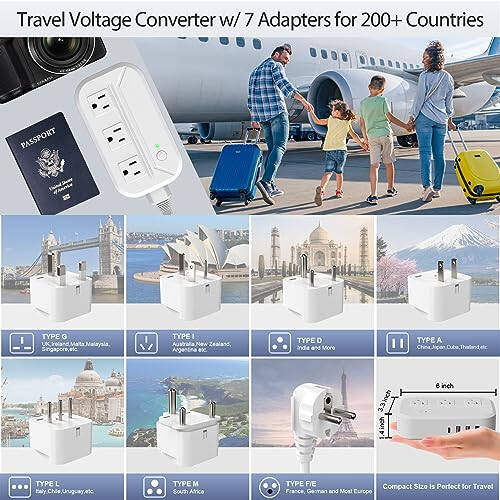 220v to 110v Converter 2300W Power Converter Adapter Combo for International Travel with 3 AC 3 USB-A 1 USB-C Step Down Voltage Converter US to Europe, UK, AU, IT, Asia, India, S.Africa 200+ Countries - 5