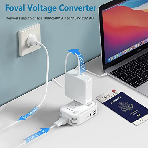 220V to 110V Converter Travel Adapter: FOVAL [Upgraded] International Step Down Power Converter for Hair Straightener/Curler with 18W USB-C Port Outlet Voltage Converter US to Europe Italy UK AU Plug - 2