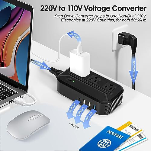 2300W Güç Düşürücü Voltaj Dönüştürücü, 220V'den 110V'ye Evrensel Seyahat Adaptörü Güç Dönüştürücü Güç Transformatörü, 3 AC Priz, 3 USB Port ve 1 Type-C Şarj ile (AB/İngiltere/Avustralya/ABD/İtalya/Hindistan/Güney Afrika) - 2