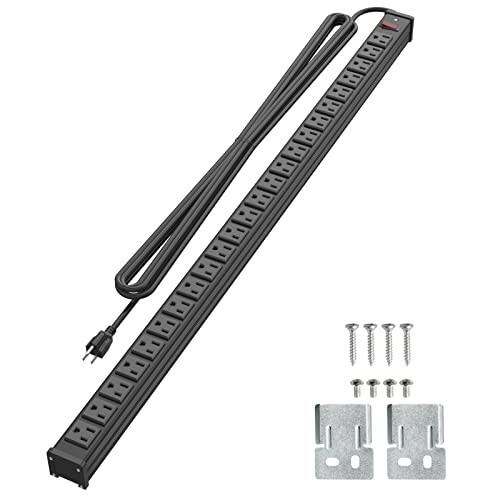 24 Outlet Metal Power Strip, Extra Long Heavy Duty Power Strip with 10FT Extension Cord, Mountable Power Strip for Warehouse Garage Workench, ETL Listed, Black - 1