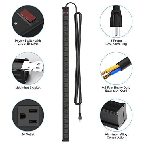 24 Outlet Metal Power Strip, Extra Long Heavy Duty Power Strip with 10FT Extension Cord, Mountable Power Strip for Warehouse Garage Workench, ETL Listed, Black - 2