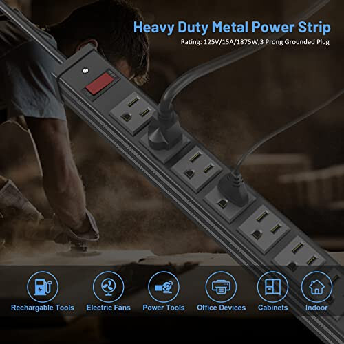 24 Outlet Metal Power Strip, Extra Long Heavy Duty Power Strip with 10FT Extension Cord, Mountable Power Strip for Warehouse Garage Workench, ETL Listed, Black - 3