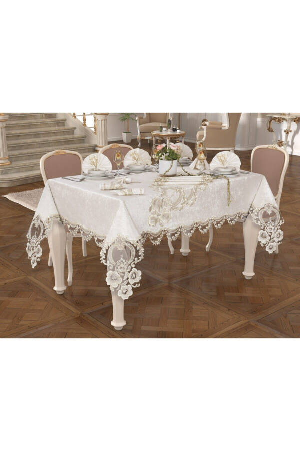 26 Piece Velvet French Lace Dinner Set with Cream Gold Detail - 1