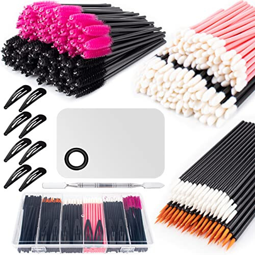 281Pieces Disposable Makeup Tools Kit Includes Stainless Steel Makeup Mixing Palette with Spatula Plastic Organizer Box Hair Clips Eyeliner Brushes Mascara Wands and Lipstick Applicators Lip Wands - 1