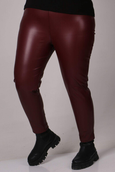 29508 Plus Size Elastic Waist Leather Leggings - Burgundy - 1