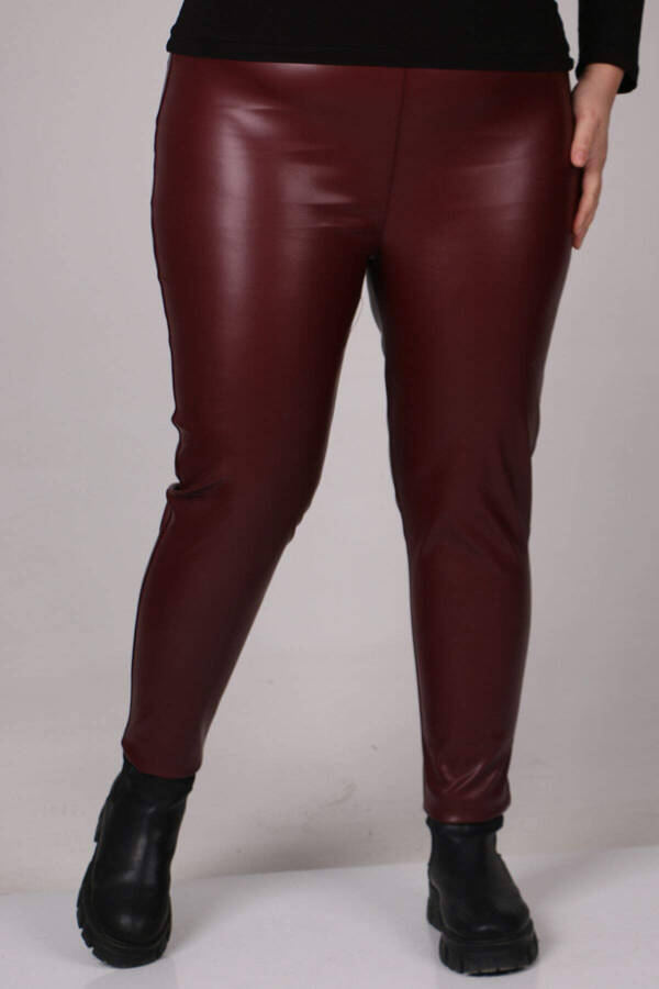 29508 Plus Size Elastic Waist Leather Leggings - Burgundy - 2