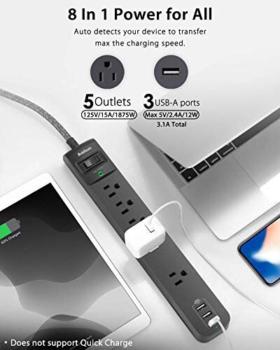 2'li Paket Güç Şeridi Akım Koruyucu - 5 Geniş Aralıklı Priz 3 USB Şarj Portu, 1875W/15A 6ft Örgülü Uzatma Kablosu, Düz Fiş, Aşırı Yük Akım Koruması, Ev Ofisi İçin Duvara Montaj - 2