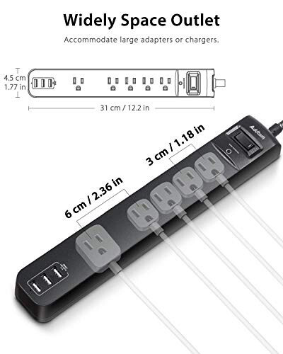 2'li Paket Güç Şeridi Akım Koruyucu - 5 Geniş Aralıklı Priz 3 USB Şarj Portu, 1875W/15A 6ft Örgülü Uzatma Kablosu, Düz Fiş, Aşırı Yük Akım Koruması, Ev Ofisi İçin Duvara Montaj - 3