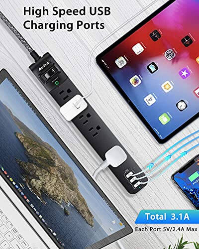 2'li Paket Güç Şeridi Akım Koruyucu - 5 Geniş Aralıklı Priz 3 USB Şarj Portu, 1875W/15A 6ft Örgülü Uzatma Kablosu, Düz Fiş, Aşırı Yük Akım Koruması, Ev Ofisi İçin Duvara Montaj - 4