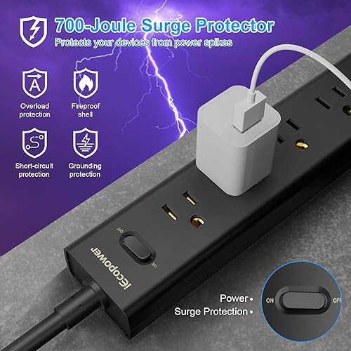 2'li Paket Priz Koruyucu - 5 Geniş Aralıklı Priz, 3 USB Bağlantı Noktası (1 USB-C Bağlantı Noktası), 1250W/10A 5 Metre Uzatma Kablosu ile, Priz Koruyucu ile Prizler, Ev Ofis İçin Duvara Montaj, Siyah - 5