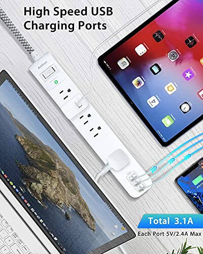 2'li Paket Priz Koruyucu - 5 Geniş Aralıklı Priz 3 USB Şarj Bağlantısı, 1875W/15A 5ft Örgülü Uzatma Kablosu, Düz Fiş, Aşırı Yük Koruma, Ev Ofis için Duvara Montaj, Beyaz - 4