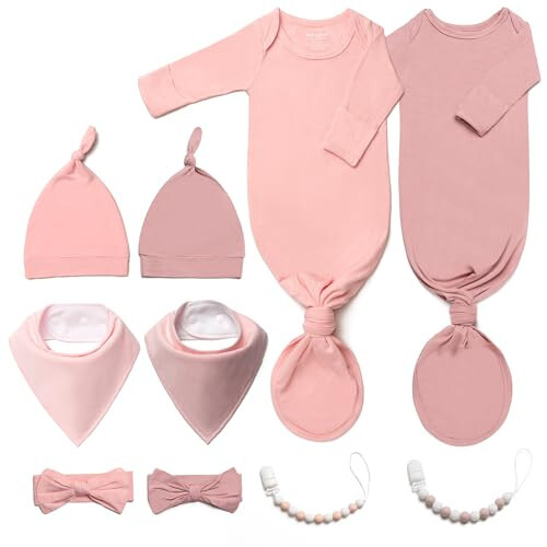 2PK Ultra Soft Knotted Newborn Sleep Gown for Baby Girls Boy- Coming Home Hospital Outfit with Hat, Bow, Clip & Drool Bib Set - 43