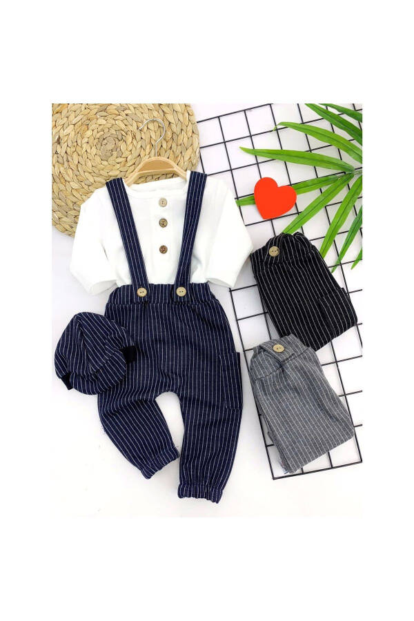 3-6-9-12 Months Hatched Striped 3 Piece Baby Boy Romper Set with Cap - 1