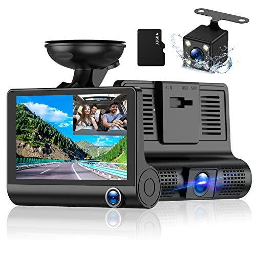 3 Channel Dash Cam Front and Rear Inside, 1080p 4 Inches 170° Wide Angle Dashcam, Dash Camera for Cars with 32GB Card, Super Night Vision, Loop Recording, G-Sensor, Motion Detection, Parking Mode - 1