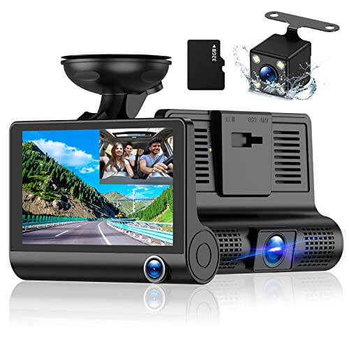 3 Kanallı Ön ve Arka İç Dash Cam, 1080p 4 İnç 170° Geniş Açı Dashcam, 32GB Kartlı Arabalar İçin Dash Kamera, Süper Gece Görüşü, Döngü Kaydı, G-Sensör, Hareket Algılama, Park Modu - 1