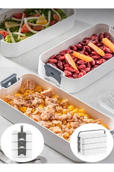 3 Katlı Taşınabilir Yemek Kabı - Lunch Box Diyet Beslenme Saklama Kabı Çatal Kaşıklı - 1