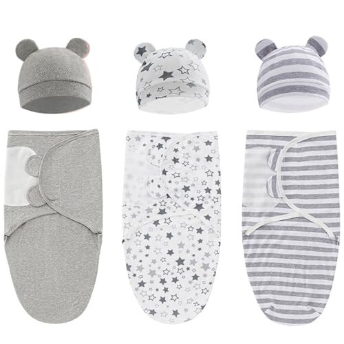 3 Pack Baby Swaddle Blanket with Hats Set for 0-3 Months Newborn Sacks Soft Cotton Wearable for Baby Boy and Girl (Gray) - 31