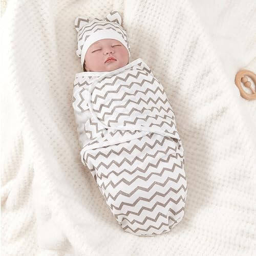 3 Pack Baby Swaddle Blanket with Hats Set for 0-3 Months Newborn Sacks Soft Cotton Wearable for Baby Boy and Girl (Gray) - 32