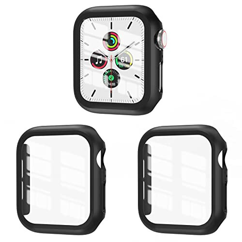 3 Pack Case Compatible with Apple Watch SE Series 6/5/4 44mm with Tempered Glass Screen Protector, EWUONU Hard PC Full Coverage Ultra-Thin HD Bumper Protective Cover for iWatch 44mm, Black/Black/Black - 1