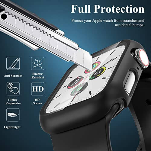 3 Pack Case Compatible with Apple Watch SE Series 6/5/4 44mm with Tempered Glass Screen Protector, EWUONU Hard PC Full Coverage Ultra-Thin HD Bumper Protective Cover for iWatch 44mm, Black/Black/Black - 4