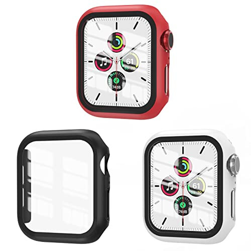 3 Pack Case Compatible with Apple Watch SE Series 6/5/4 44mm with Tempered Glass Screen Protector, EWUONU Hard PC Full Coverage Ultra-Thin HD Bumper Protective Cover for iWatch 44mm, Black/White/Red - 1