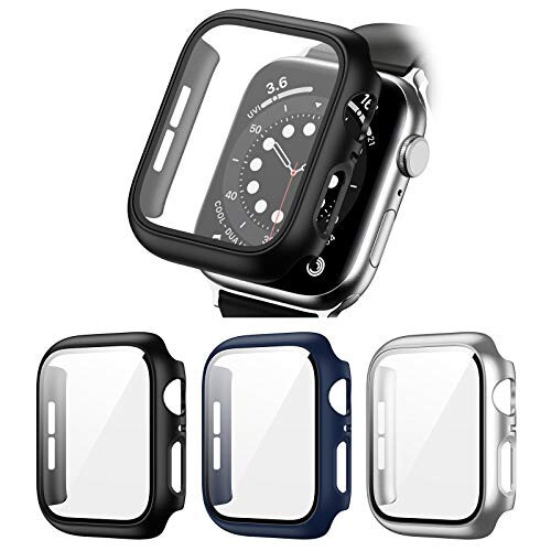 3 Pack Hard PC Case Compatible with Apple Watch SE 2022/Series 6/5/4/SE 44mm, BHARVEST Case with Tempered Glass Screen Protector Overall Bubble-Free Cover for iWatch Accessories, Black+Blue+Silver - 1