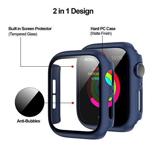 3 Pack Hard PC Case Compatible with Apple Watch SE 2022/Series 6/5/4/SE 44mm, BHARVEST Case with Tempered Glass Screen Protector Overall Bubble-Free Cover for iWatch Accessories, Black+Blue+Silver - 3