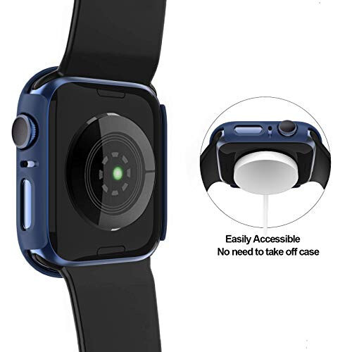 3 Pack Hard PC Case Compatible with Apple Watch SE 2022/Series 6/5/4/SE 44mm, BHARVEST Case with Tempered Glass Screen Protector Overall Bubble-Free Cover for iWatch Accessories, Black+Blue+Silver - 4