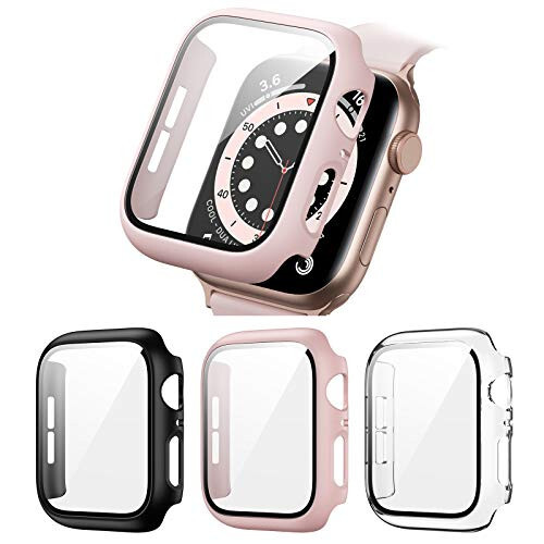 3 Pack Hard PC Case Compatible with Apple Watch SE 2022/Series 6/5/4/SE 44mm, BHARVEST Case with Tempered Glass Screen Protector Overall Bubble-Free Cover for iWatch Accessories, Black+Pink+Clear - 1