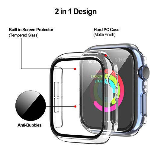 3 Pack Hard PC Case Compatible with Apple Watch SE 2022/Series 6/5/4/SE 44mm, BHARVEST Case with Tempered Glass Screen Protector Overall Bubble-Free Cover for iWatch Accessories, Black+Pink+Clear - 3