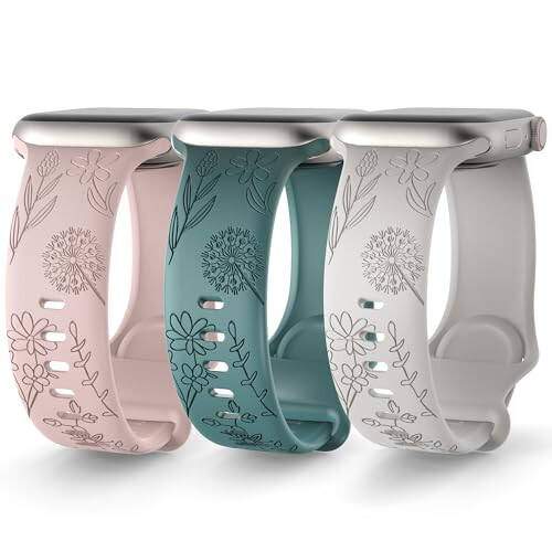 3 Pack Stylish Floral Engraved Smartwatch Bands for Women, Durable Soft Silicone iWatch Bands Compatible with Apple Watch Series 44mm 40mm 38mm 41mm 45mm 49mm 42mm Ultra 2 SE 9-1 - 21