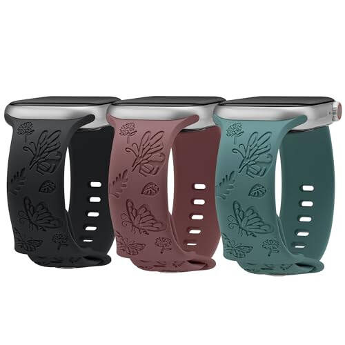 3 Pack Stylish Floral Engraved Smartwatch Bands for Women, Durable Soft Silicone iWatch Bands Compatible with Apple Watch Series 44mm 40mm 38mm 41mm 45mm 49mm 42mm Ultra 2 SE 9-1 - 8