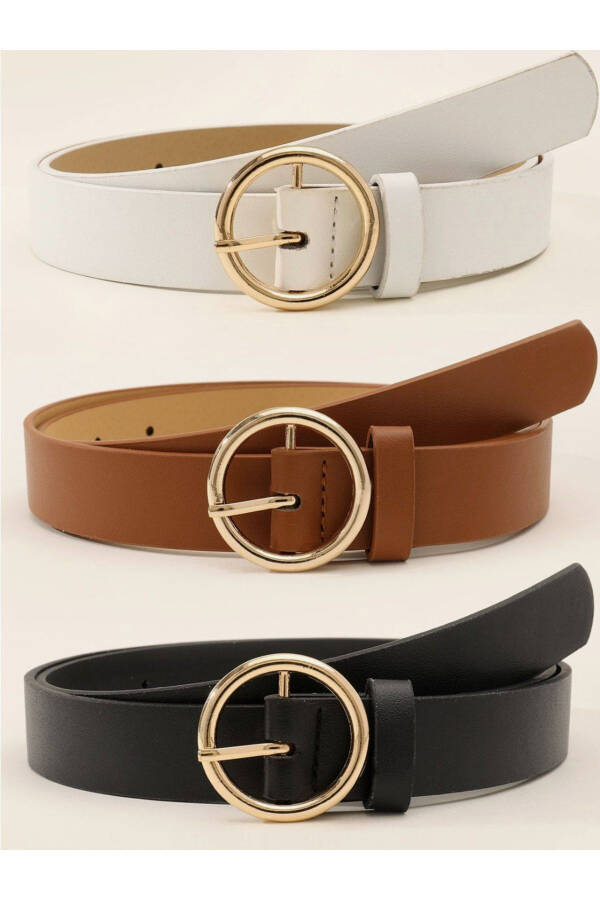 3-Piece Belt Set with Gold Buckle, Standard Size, Black, Brown, White - 5