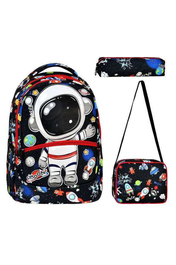 3-Piece Elementary School Astronaut Patterned, Boys' Lunch Bag and Pencil Case School Backpack - 1