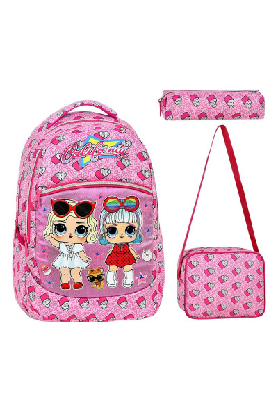 3-Piece Elementary School Girls' Lunch Bag with Pencil Case and Water-Resistant Heart Design - 1