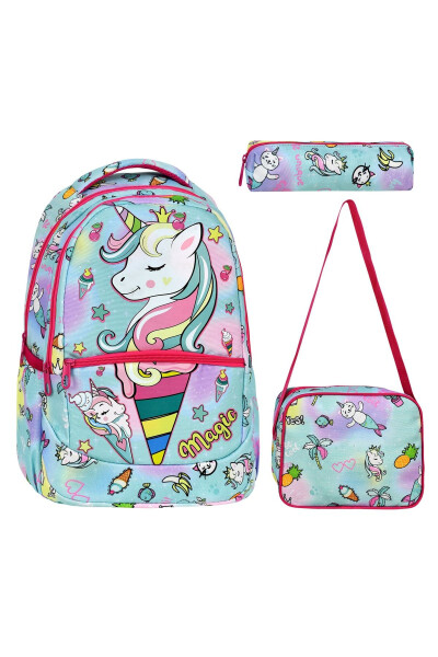 3-Piece Elementary School Unicorn Patterned, Girls' Lunch Box and Pencil Case School Bag - 1