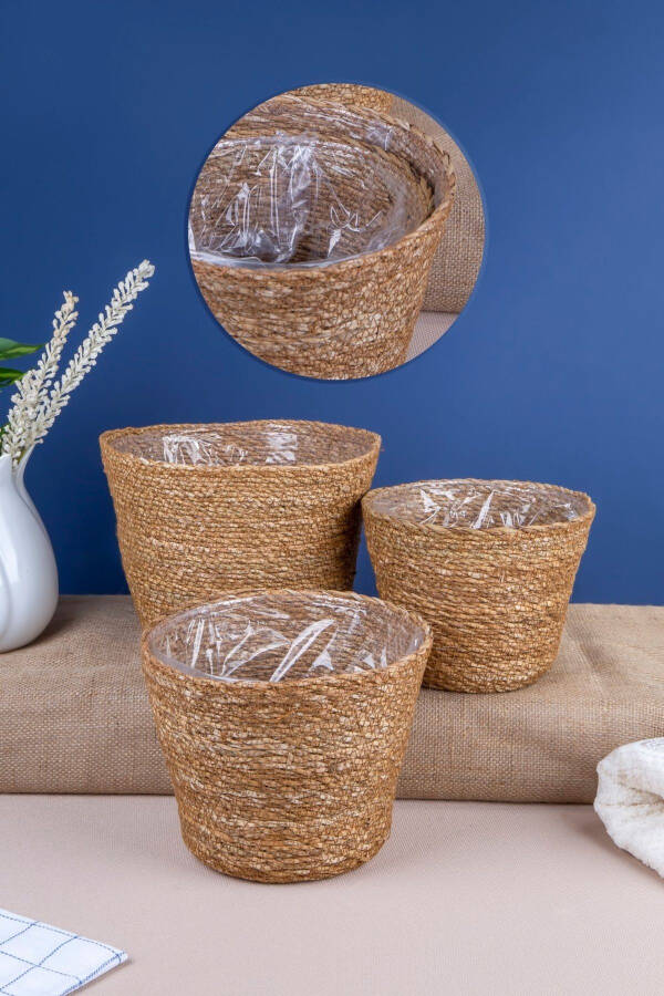 3 Piece Natural Woven Basket Set with Bags, 3 Pots - 2