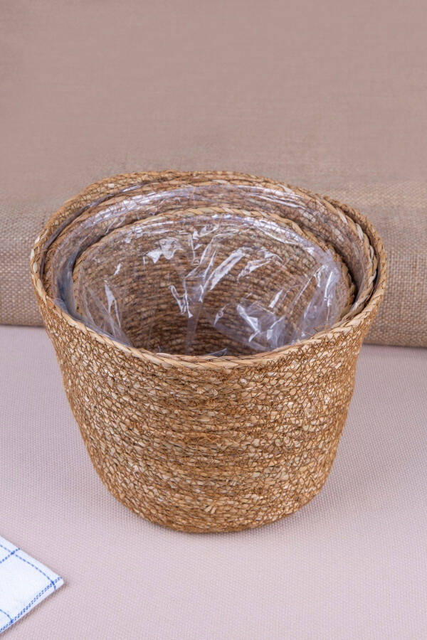 3 Piece Natural Woven Basket Set with Bags, 3 Pots - 3