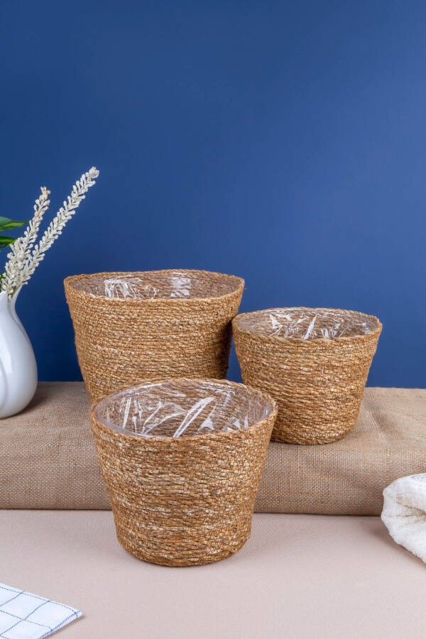 3 Piece Natural Woven Basket Set with Bags, 3 Pots - 4