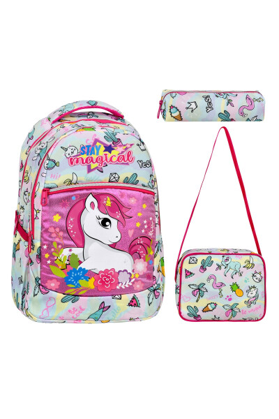 3-Piece School Set, Unicorn Patterned Elementary School Bag Lunch Bag Pencil Case - 1