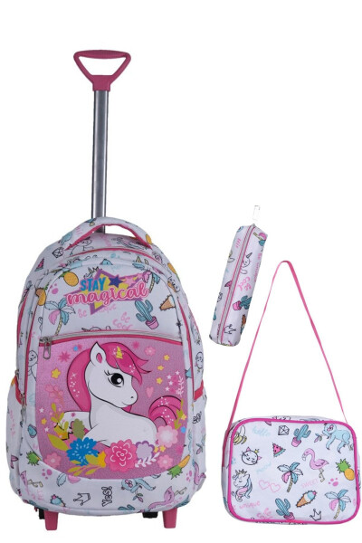 3-Piece School Set with Wheels, Unicorn Patterned Elementary School Bag Lunch Bag Pencil Case - 1