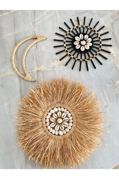 3-Piece Set Raffia Seashell Model & Black Rattan Stick Seashell & Raffia Moon M091 - 13