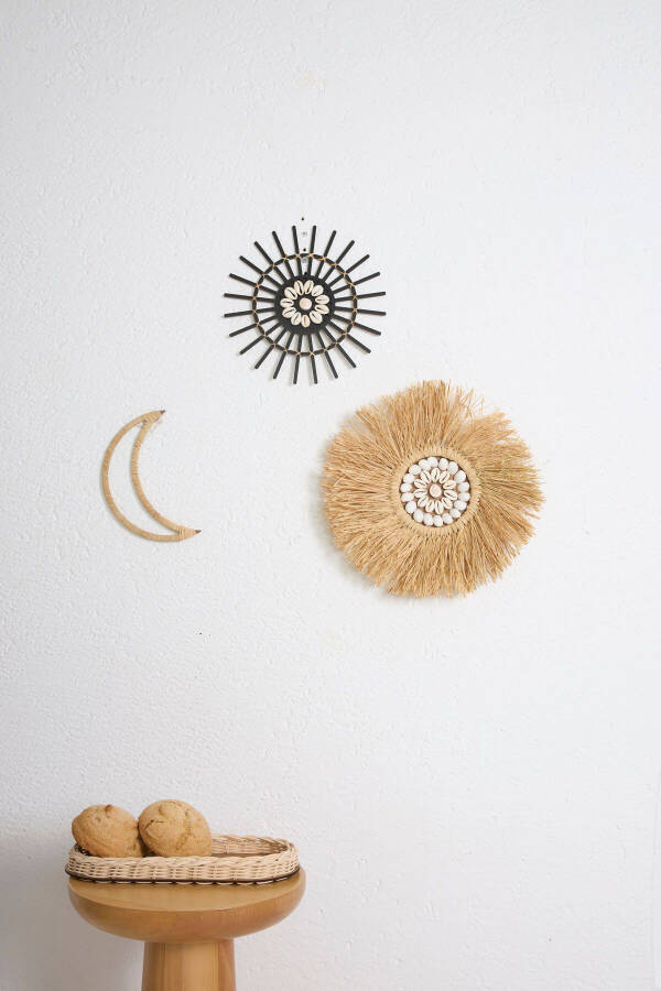 3-Piece Set Raffia Seashell Model & Black Rattan Stick Seashell & Raffia Moon M091 - 1