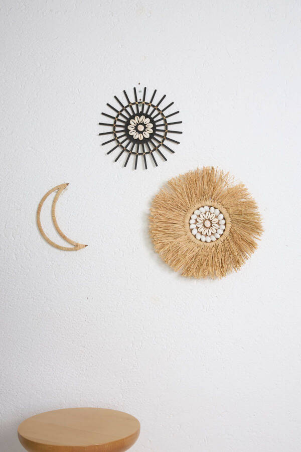 3-Piece Set Raffia Seashell Model & Black Rattan Stick Seashell & Raffia Moon M091 - 2