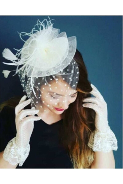 3 Piece Set White Dotted Pearl Bridal Hat Wedding Hat Veil Groom Boutonniere And Feathered Pen - 6