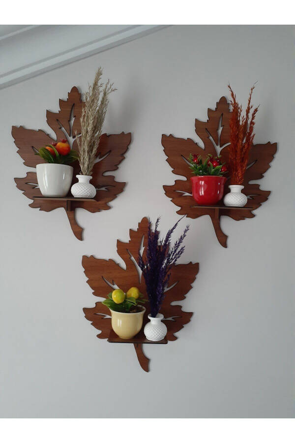 3-Piece Wooden Wall Decor Shelf Leaf Candle Holder Wall Decor Applique Painting Object - 1